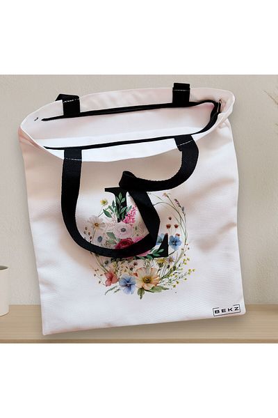 BEKZ Textile Bag With Zipper, Tote Bag, With Letter L In Floral Wreath, 38x34.5 Cm, ​​White, ®