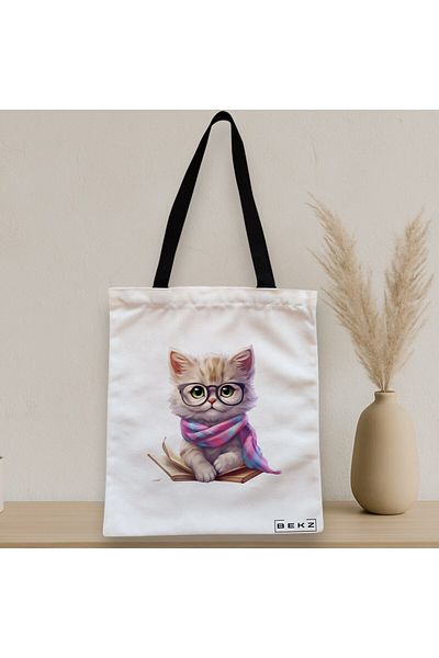 BEKZ Sacosa Textila Cu Fermoar, Geanta Tote, Model Reading Puppy 27 38 X 34.5 Cm, Alb, ®