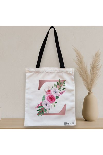 BEKZ Textile Bag With Zipper, Tote Bag, With Letter Z Rose Gold And Roses, 38x34.5 Cm, ​​White, ®