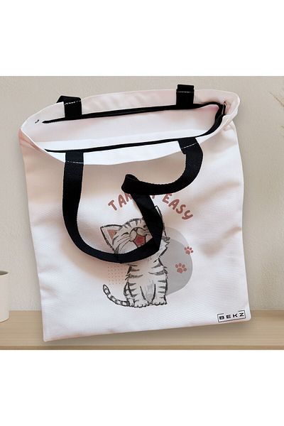 BEKZ Sacosa Textila Cu Fermoar, Geanta Tote, Model Take It Easy, 38x34.5 Cm, Alba, ®