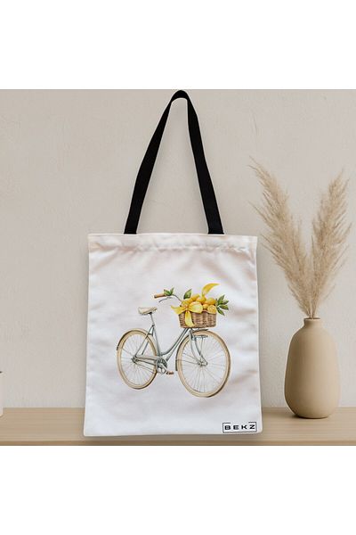 BEKZ Textile Bag With Zipper, Tote Bag, Lemons On Bicycle Model 38 X 34.5 Cm, ​​White, ®
