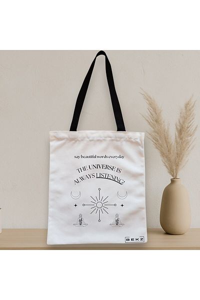 BEKZ Sacosa Textila Cu Fermoar, Geanta Tote, Model The Universe Listens, 38x34.5 Cm, Alba, ®