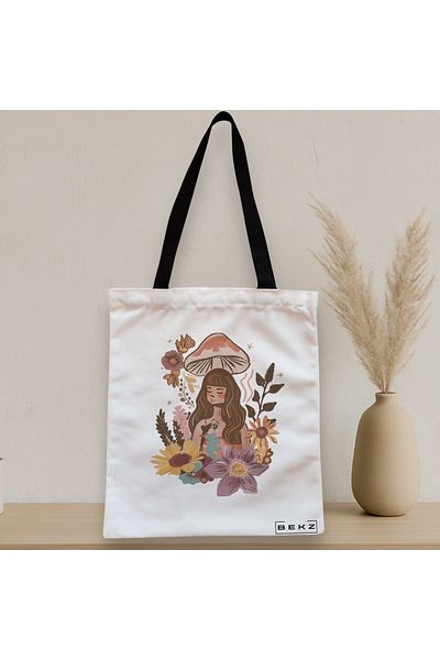BEKZ Sacosa Textila Cu Fermoar, Geanta Tote Colorful Mushrooms 3, 38x34.5 Cm, Alba, ®