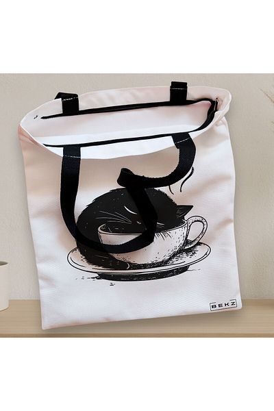 BEKZ Textile Bag With Zipper, Tote Bag, Caffeine Cat 23 Model 38 X 34.5 Cm, ​​White, ®