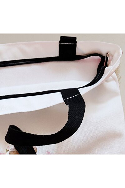 BEKZ Sacosa Textila Cu Fermoar, Geanta Tote, Model Floral Romance, 38x34.5 Cm, Alba, ®