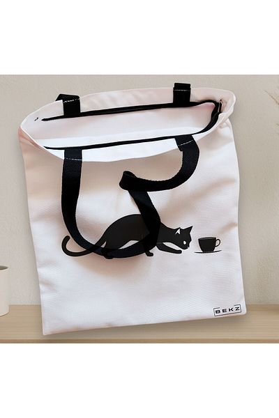 BEKZ Sacosa Textila Cu Fermoar, Geanta Tote, Model Caffeine Cat 5 38 X 34.5 Cm, Alb, ®