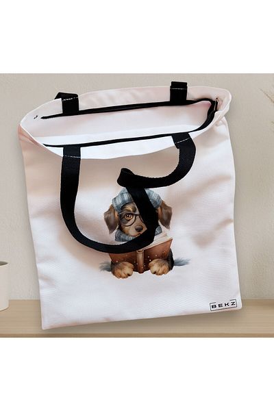 BEKZ Textile Bag With Zipper, Tote Bag, Reading Puppy Model 1 38 X 34.5 Cm, ​​White, ®