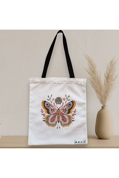 BEKZ Textile Bag With Zipper, Flower Butterfly Tote Bag, 38x34.5 Cm, ​​White, ®