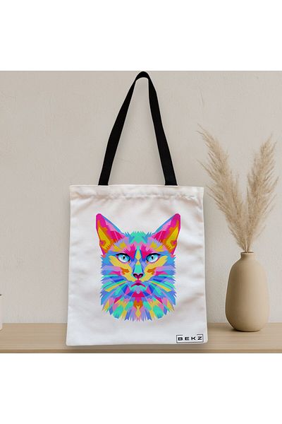 BEKZ Textile Bag With Zipper, Tote Bag, Colorful Geometric Cat Pattern, 38x34.5 Cm, ​​White, ®