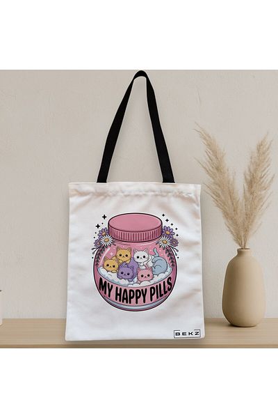 BEKZ Sacosa Textila Cu Fermoar, Geanta Tote, Model My Happy Pills 38 X 34.5 Cm, Alb, ®