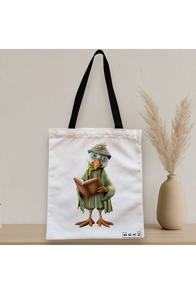 BEKZ Sacosa Textila Cu Fermoar, Geanta Tote, Model Reading Birdie 3 38 X 34.5 Cm, Alb, ®