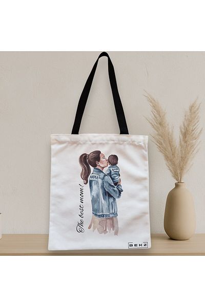 BEKZ Textile Bag With Zipper, Tote Bag, The Best Mom Model, 38x34.5 Cm, ​​White, ®