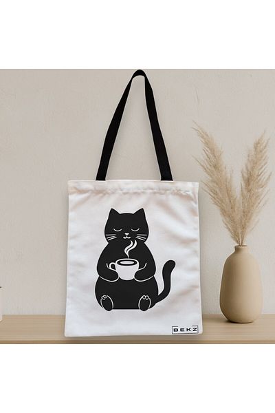 BEKZ Sacosa Textila Cu Fermoar, Geanta Tote, Model Caffeine Cat 9 38 X 34.5 Cm, Alb, ®