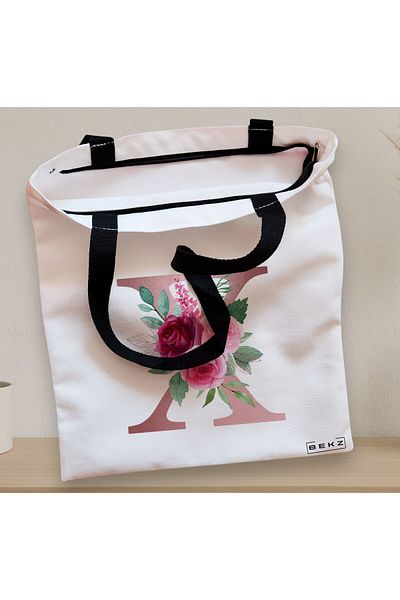 BEKZ Sacosa Textila Cu Fermoar, Geanta Tote, Cu Litera X Rose Gold Si Trandafiri, 38x34.5 Cm, Alba, ®