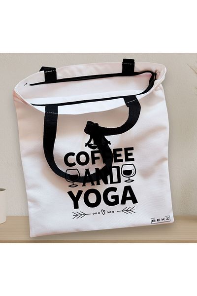 BEKZ Sacosa Textila Cu Fermoar, Geanta Tote Yoga Coffee And Yoga, 38x34.5 Cm, Alba, ®