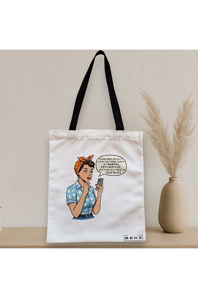 BEKZ Textile Bag With Zipper, Tote Bag, Model What A Psycho 38 X 34.5 Cm, ​​White, ®