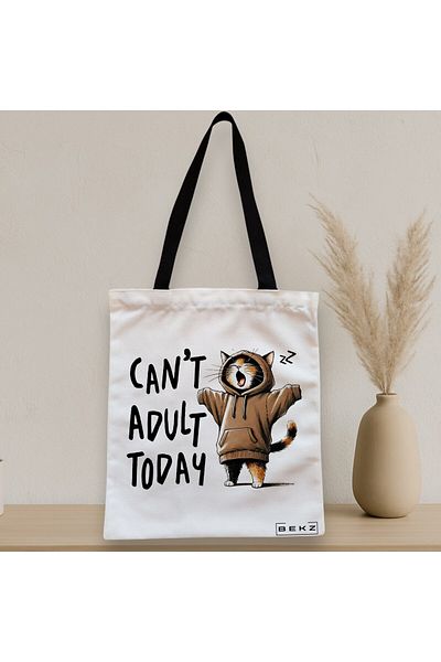 BEKZ Sacosa Textila Cu Fermoar, Geanta Tote, Model Can’t Adult Today 38 X 34.5 Cm, Alb, ®