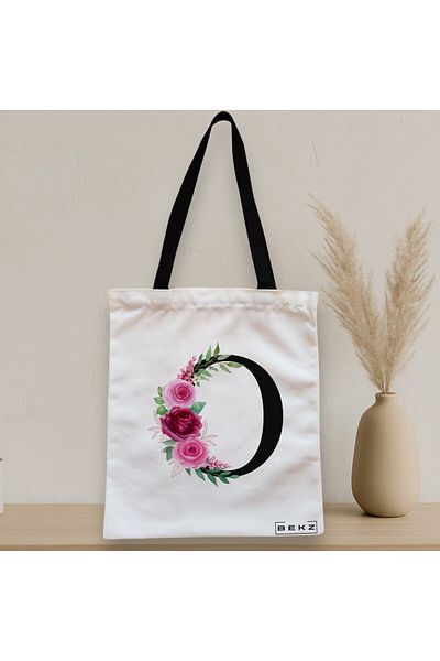 BEKZ Textile Bag With Zipper, Tote Bag, With Letter O And Roses, 38x34.5 Cm, ​​White, ®