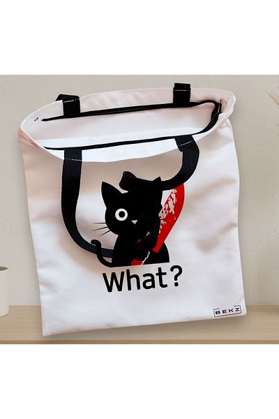 BEKZ Textile Bag With Zipper, Tote Bag, Funny Black Cat Pattern, 38x34.5 Cm, ​​White, ®