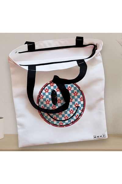 BEKZ Sacosa Textila Cu Fermoar, Geanta Tote, Model Pattern, 38x34.5 Cm, Alba, ®