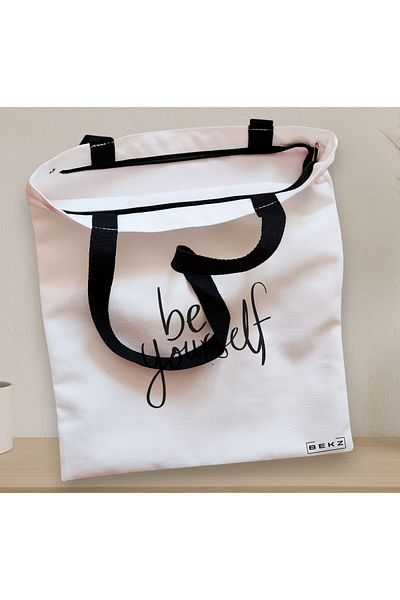 BEKZ Textile Bag With Zipper, Tote Bag, Be Yourself Model, 38x34.5 Cm, ​​White, ®