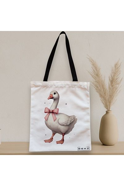 BEKZ Sacosa Textila Cu Fermoar, Geanta Tote, Model Silly Goose 8, 38 X 34.5 Cm, Alb, ®