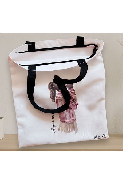 BEKZ Textile Bag With Zipper, Tote Bag, Super Mom 2 Model, 38x34.5 Cm, ​​White, ®