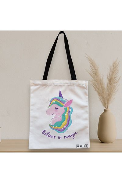 BEKZ Sacosa Textila Cu Fermoar, Geanta Tote, Model Believe In Magic, 38x34.5 Cm, Alba, ®