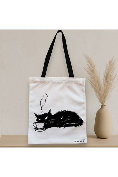 BEKZ Sacosa Textila Cu Fermoar, Geanta Tote, Model Caffeine Cat 21 38 X 34.5 Cm, Alb, ®