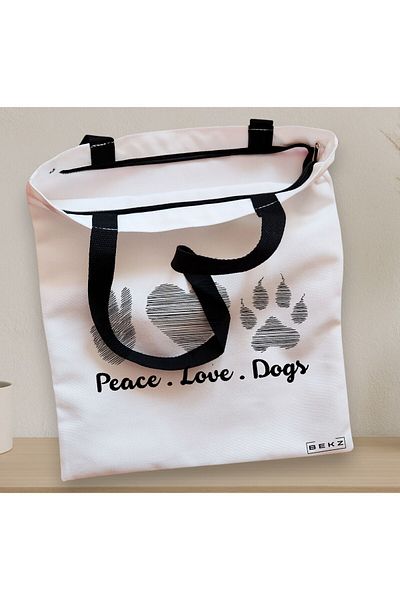 BEKZ Textile Bag With Zipper, Tote Bag, Peace Love Dogs Model, 38x34.5 Cm, ​​White, ®