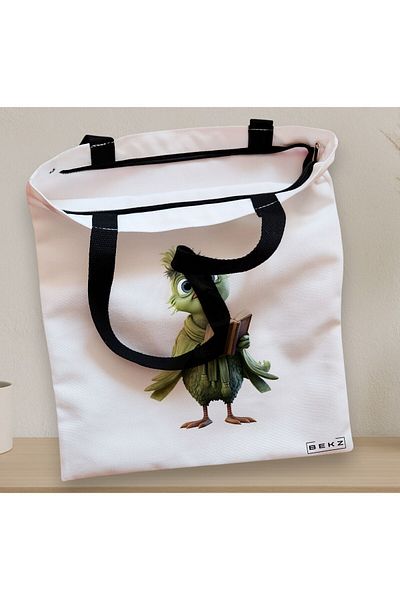 BEKZ Sacosa Textila Cu Fermoar, Geanta Tote, Model Reading Birdie 1 38 X 34.5 Cm, Alb, ®