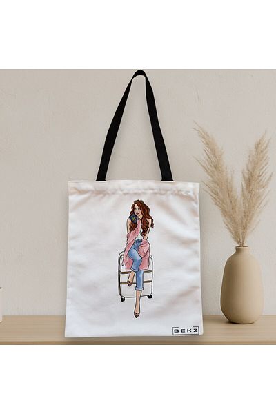 BEKZ Sacosa Textila Cu Fermoar, Geanta Tote Travel Girl, 38x34.5 Cm, Alba, ®