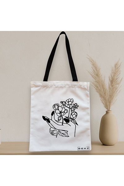 BEKZ Textile Bag With Zipper, Tote Bag, Floral Hand Pattern, 38x34.5 Cm, ​​White, ®