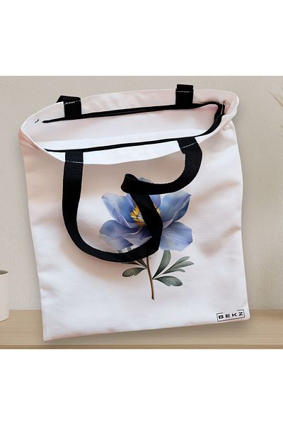 BEKZ Sacosa Textila Cu Fermoar, Geanta Tote, Model Blue Flower 38 X 34.5 Cm, Alb, ®