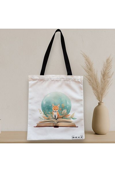 BEKZ Textile Bag With Zipper, Tote Bag, Foxy And Books Model 38 X 34.5 Cm, ​​White, ®