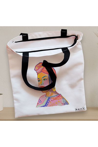 BEKZ Sacosa Textila Cu Fermoar, Geanta Tote, Model Portret Vibrant, 38x34.5 Cm, Alba, ®