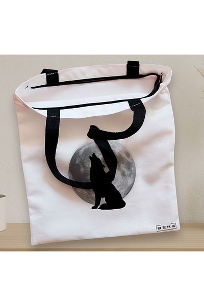 BEKZ Textile Bag With Zipper, Tote Bag, Wolf And Moon Pattern, 38x34.5 Cm, ​​White, ®