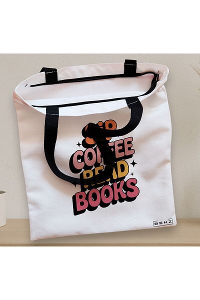BEKZ Sacosa Textila Cu Fermoar, Geanta Tote, Model Sip Coffee Read Books 38 X 34.5 Cm, Alb, ®