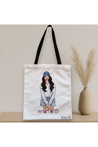 BEKZ Textile Bag With Zipper, Tote Bag Travel Girl 6, 38x34.5 Cm, ​​White, ®