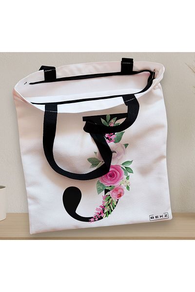 BEKZ Textile Bag With Zipper, Tote Bag, With Letter J And Roses, 38x34.5 Cm, ​​White, ®