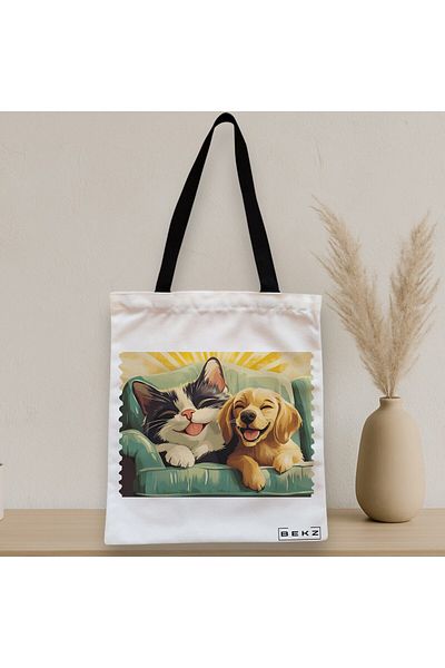 BEKZ Sacosa Textila Cu Fermoar, Geanta Tote, Model Best Friends Cat And Doggo 38 X 34.5 Cm, Alb, ®