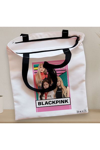 BEKZ Sacosa Textila Cu Fermoar, Geanta Tote, Model Blackpink 1, 38x34.5 Cm, Alba, ®