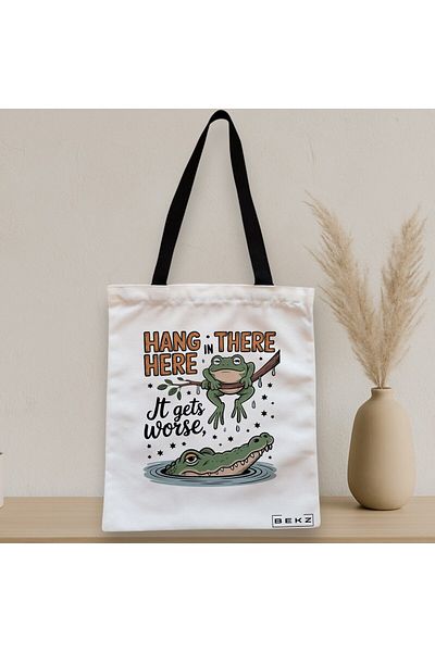 BEKZ Textile Bag With Zipper, Tote Bag, Hang In There Here It Gets Worse Pattern 38 X 34.5 Cm, ​​White, Beige