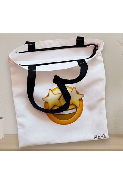 BEKZ Textile Bag With Zipper, Tote Bag, Wow Emoji Pattern, 38x34.5 Cm, ​​White, ®