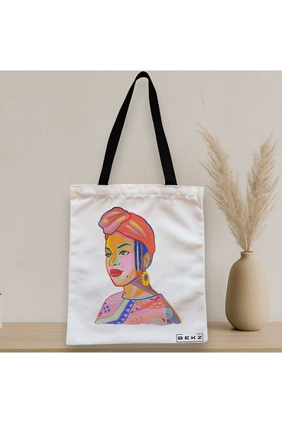 BEKZ Sacosa Textila Cu Fermoar, Geanta Tote, Model Portret Vibrant, 38x34.5 Cm, Alba, ®