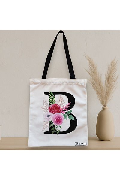 BEKZ Sacosa Textila Cu Fermoar, Geanta Tote, Cu Litera B Si Trandafiri, 38x34.5 Cm, Alba, ®