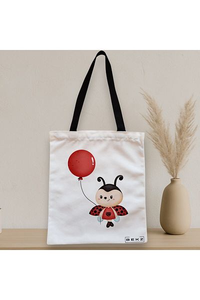 BEKZ Sacosa Textila Cu Fermoar, Geanta Tote, Model Ladybug, 38x34.5 Cm, Alba, ®