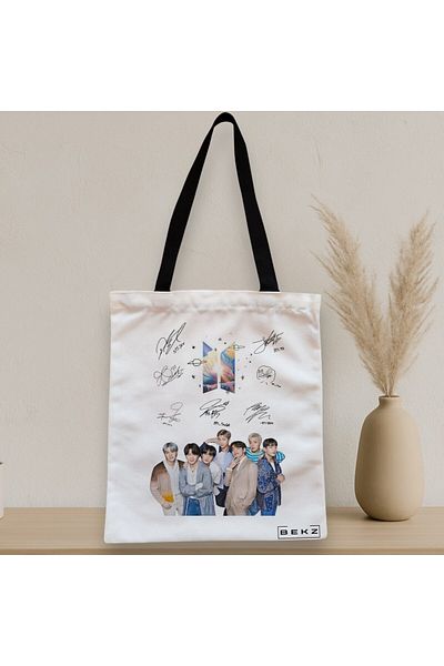 BEKZ Sacosa Textila Cu Fermoar, Geanta Tote, Model Bts Army 9 Cu Semnaturii, 38x34.5 Cm, Alba, ®