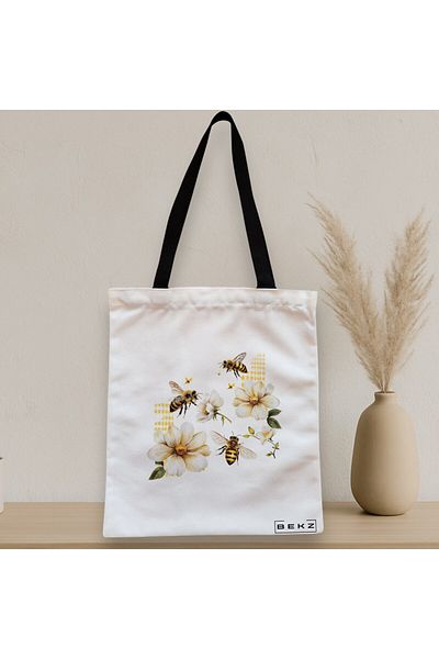 BEKZ Sacosa Textila Cu Fermoar, Geanta Tote, Model Bees And Flowers 38 X 34.5 Cm, Alb, ®