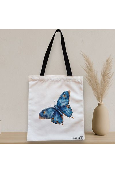 BEKZ Sacosa Textila Cu Fermoar, Geanta Tote, Model Artistic Butterflies 3 38 X 34.5 Cm, Alb, ®
